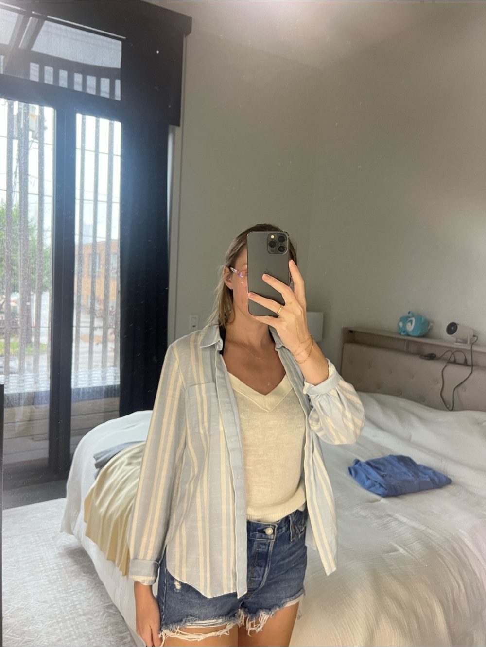 Light Blue and Cream Striped Button-Up Shirt